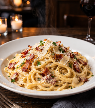 steaming carbonara in a cozy restaurant steaming carbonara in a cozy restaurant